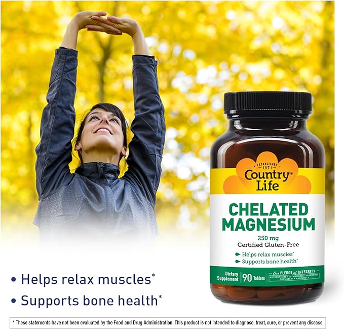 Country Life, Chelated Magnesium 250mg, Supports Bone and Immune Health, Daily Supplement, 90 ct