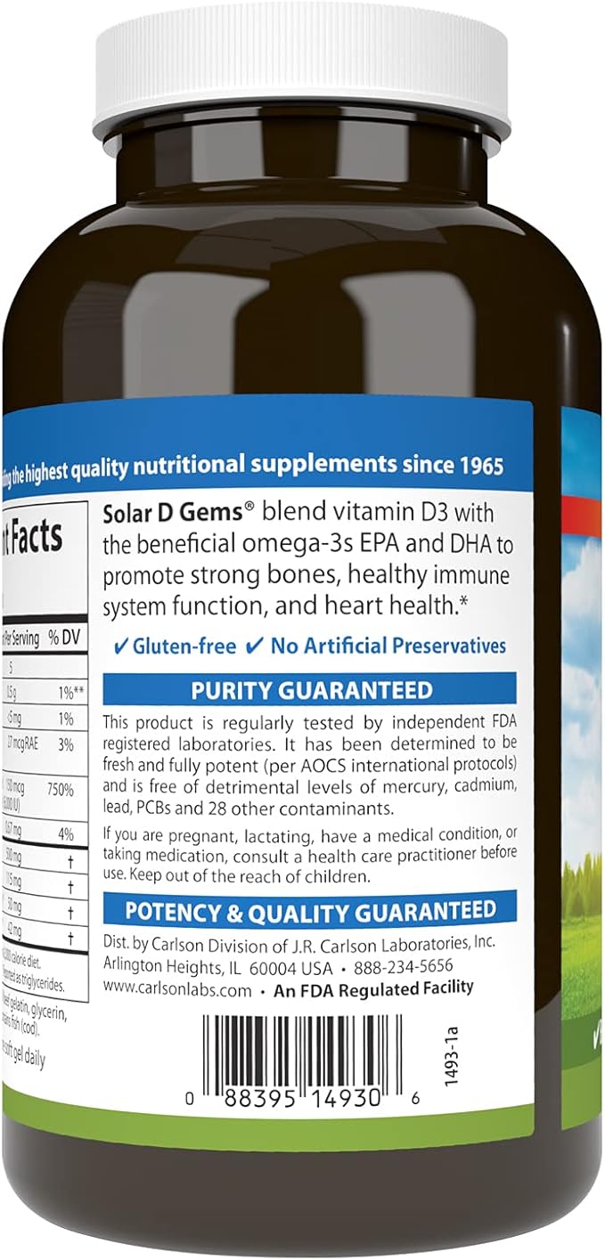 Carlson - Solar D Gems, Vitamin D3 and Omega-3 Supplement, 6000 IU (150 mcg) Vitamin D3, 115 mg Omega-3s EPA and DHA Supplement, Wild Caught, Sustainably Sourced, Lemon, 360 Softgels