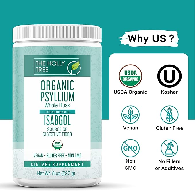 Psyllium Husk Powder Organic 8 oz - Isabgol - Whole Psyllium Husk Fiber for Digestive Health & Regularity - Gluten-Free, USDA Organic, Kosher - Organic Psyllium Husk Supplement