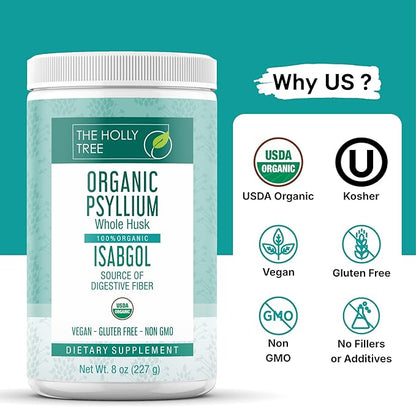 Psyllium Husk Powder Organic 8 oz - Isabgol - Whole Psyllium Husk Fiber for Digestive Health & Regularity - Gluten-Free, USDA Organic, Kosher - Organic Psyllium Husk Supplement