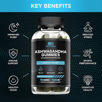 Ashwagandha Gummies 1500mg | Stress Relief, Immune Support, Calm Mood, Energy | Natural Berry Flavor | 45-Day Supply | Vegan, Gluten-Free, Non-GMO | Supplement for Men & Women (90ct)
