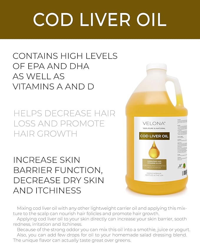 velona Cod Liver Oil - 1 Gallon / 128 Fl Oz | 1,000A/100D IU/g Omega 3 Vitamins A & D3 | Norwegian Arctic Sustainably Sourced Nordic Oil | Hair, Body and Skin Care | Use Today - Enjoy Results