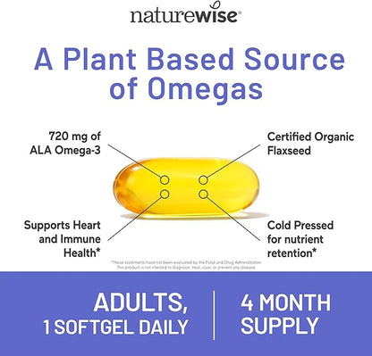 NatureWise Flaxseed Oil 1200 mg, Fish Free Omega 3 6 9 with 720mg ALA, Dietary Supplement for Heart Health Support - Organic, Cold Pressed, Non-GMO - 120 Softgels[4-Month Supply]