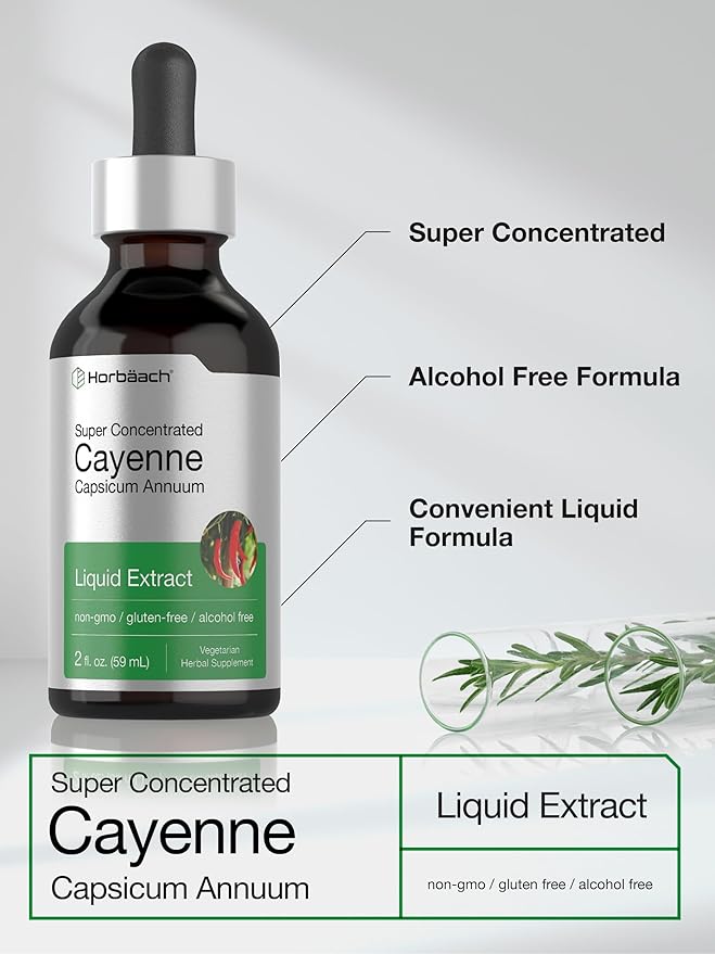 Horbäach Cayenne Pepper Tincture | 2 fl oz Liquid Extract | Vegetarian, Alcohol Free | Non-GMO, Gluten Free Supplement