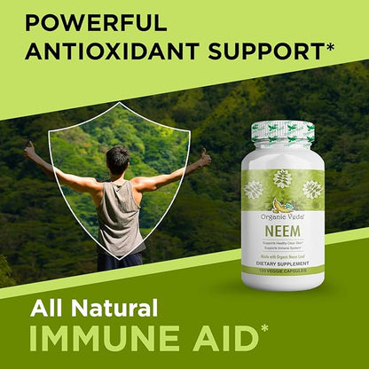 Organic Veda Neem Capsules, 1000mg - Organic Herbal Supplement Made with Ayurvedic India Neem Leaf Powder - Supports Radiant Skin, Immune, Detox, Healthy Inflammatory Response - 120 Veggie Capsules
