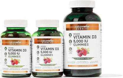 NatureWise Vitamin D3 5000 IU Gummies - Mixed Berry Flavor - Vegan D from Lichen, Pectin Based, Immune Support for Adults, Muscle & Bone Strength - Gluten Free, Non-GMO - 180 Count[3-Month Supply]