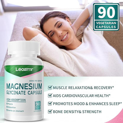 Magnesium Glycinate 400 MG per Serving 100% Chelated for High Absorption, Gentle On Stomach, Non-GMO, 90 Vegetarian Capsules