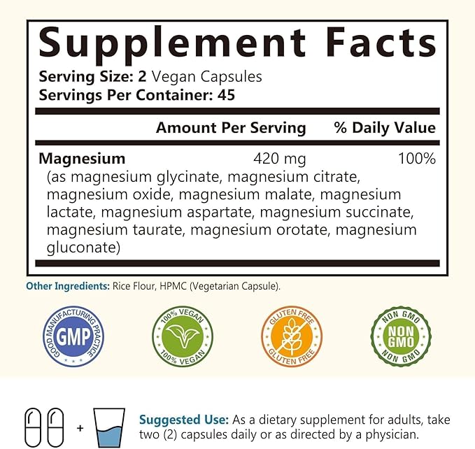 Magnesium Complex Supplement, 420mg Elemental Magnesium, 10 High Absorption Forms Magnesium Glycinate, Citrate, Malate, Taurate & More for Sleep, Nerve, Muscle Health, Non-GMO, 90 Vegan Capsules