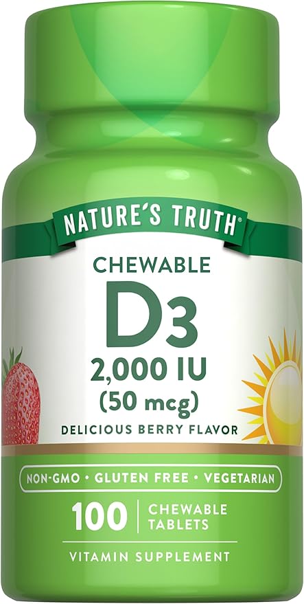 Nature's Truth Chewable Vitamin D3 2,000 IU | 100 Tablets | Berry Flavor | Vegetarian, Non-GMO, & Gluten Free Supplement