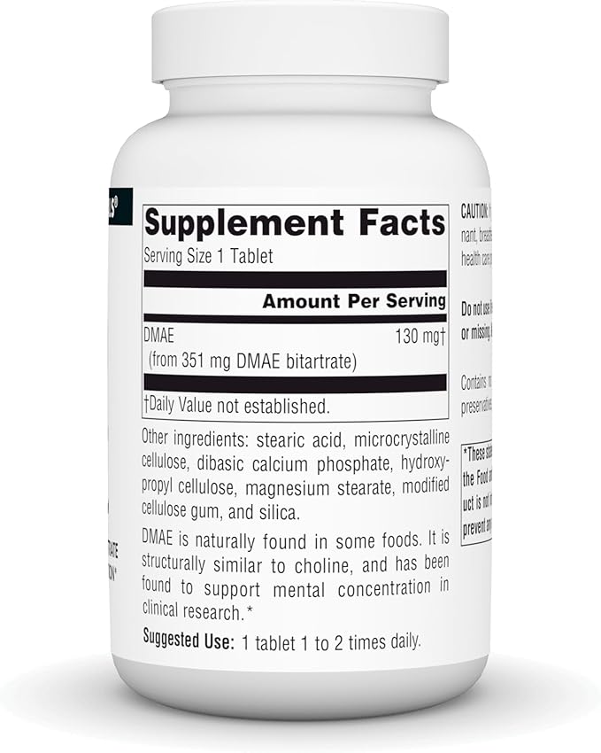 Source Naturals DMAE, Dimethylaminoethanol Bitartrate - Supports Mental Concentration - 200 Tablets
