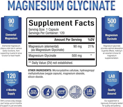 Purely Optimal Magnesium Glycinate 500mg - Premium Non-Buffered Supplement for Sleep, Calm & Muscle Function Support, 120 Easy-to-Swallow Capsules - High Absorption & Gentle on Stomach