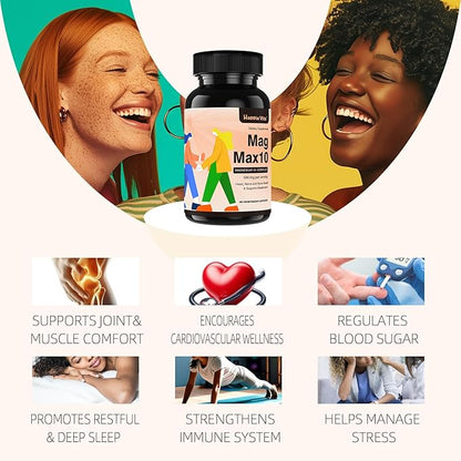 MagMax10 Magnesium Complex Supplement 500mg, 10 Forms of Magnesium: Glycinate, Malate, Citrate and More - Maximized Absorption for Sleep, Muscle, Heart and Brain Health - 90 Capsules