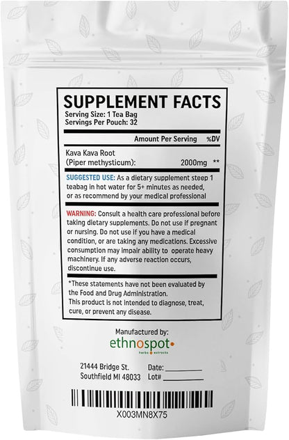 Kava Kava Root Teabags - Kava Kava Tea Pure - 100% Natural Herbal Tea for Stress Support Relaxation Improves Mood and Nervous System - Feel Happy Tea - 2 Gram Teabags - 32 Vegan Teabags