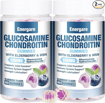 2 Packs Glucosamine Chondroitin Filled Gummies with MSM & Elderberry, Extra Strength Joint Support Health, Flexibility, Antioxidant, Immune Supplement Gummy for Adults, Men & Women 120 Counts