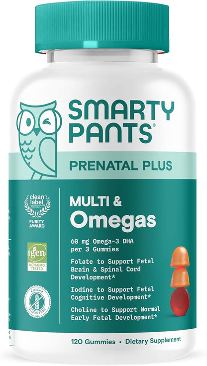 SmartyPants Prenatal Multivitamin Gummies - Improved Formula: Omega 3 (DHA/EPA), Methylfolate, Biotin, Vitamin D3, C, Vitamin B12, B6, Vitamin A, K & Zinc, Gluten Free, 120 Count (40 Day Supply)