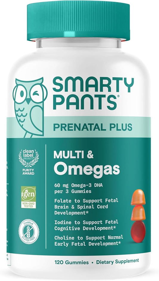 SmartyPants Prenatal Multivitamin Gummies - Improved Formula: Omega 3 (DHA/EPA), Methylfolate, Biotin, Vitamin D3, C, Vitamin B12, B6, Vitamin A, K & Zinc, Gluten Free, 120 Count (40 Day Supply)