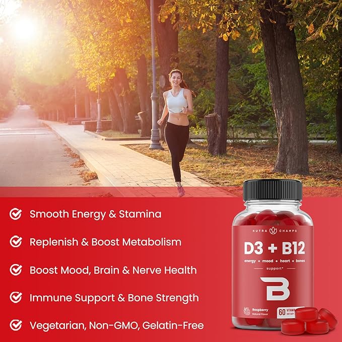 NutraChamps Vitamin D3 & B12, Methyl B12 Gummies for Adults & Kids, Enhanced with Vitamin D 3 & B9 Vitamin Folate, Natural Energy, Mood, Metabolism & Focus, Raspberry, 120 Gummies (Pack of 2)