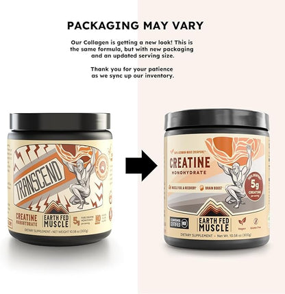Earth Fed Muscle Transcend Creatine Monohydrate - 100% German Creapure, Muscle Recovery, Muscle Building, Cellular Energy Production - Gluten Free, Soy Free - Unflavored 5g per Serving, 60 Servings