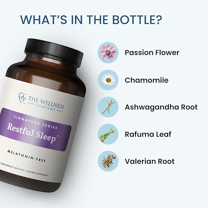 The Wellness Company Restful Sleep | 60 Capsules (1 Month Supply) | Natural Melatonin-Free Sleep Support | Non-GMO, Vegan, Gluten Free | for Gently Calming and Relaxing Mind and Body