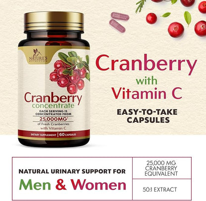 Cranberry Concentrate Extract Supplement for Women & Men + Vitamin C - 25,000mg Formula for Urinary Tract Health Support, Non-GMO and Gluten Free, Cranberry Pills Supplement - 60 Capsules