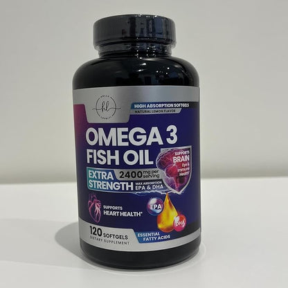 Omega 3 Fish Oil Triple Strength 2400 mg Rapid Release Softgels, Omega-3 Supplements, Natural Heart Health Brain & Joint Support - Fatty Acids with EPA & DHA - Fish Oil Supplement - 120 Softgels