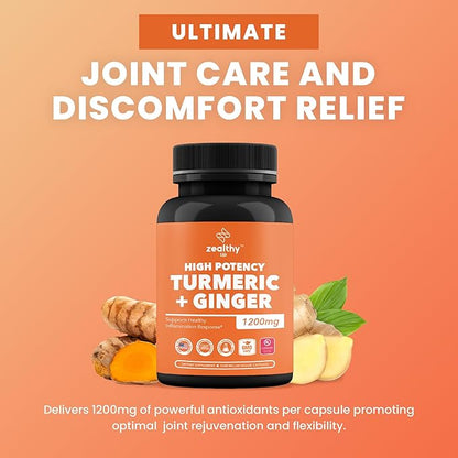 Turmeric + Ginger Capsules 1200mg | Joint Comfort, Inflammation Support & Digestive Health* | 180 Count | Zealthy Life High Potency Turmeric Ginger Supplement | 1200mg