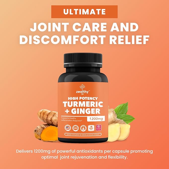 Turmeric + Ginger Capsules 1200mg | Joint Comfort, Inflammation Support & Digestive Health* | 180 Count | Zealthy Life High Potency Turmeric Ginger Supplement | 1200mg
