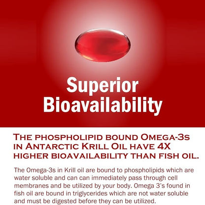 Antarctic Krill Oil Softgels 100% Pure with Omega-3 EPA DHA Astaxanthin 1000mg per Day (2 Softgels). Made in The USA