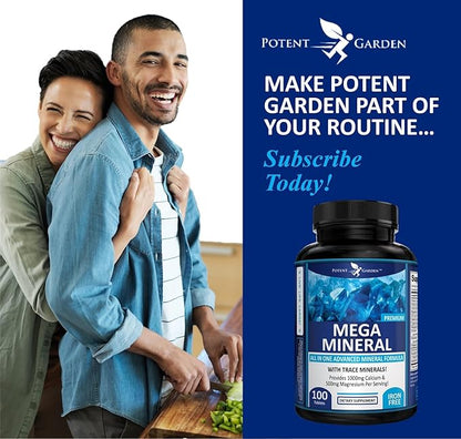 Potent Garden Mega Mineral Supplement Complete Mineral Complex with Calcium Magnesium Zinc Potassium Boron Selenium Chromium & 72 Trace Minerals Iron Free Calcium Supplement -100 Pills