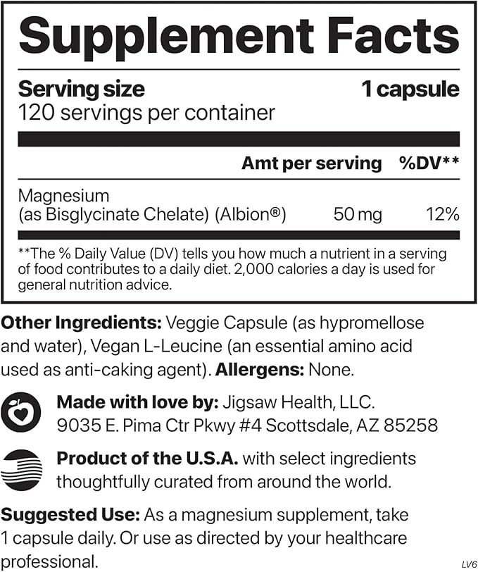 Jigsaw Health MagPure Glycinate | Premium Magnesium Glycinate Capsules | 120 Capsules