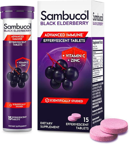 Sambucol Black Elderberry Effervescent Tablets - Elderberry with Zinc and Vitamin C for Adults, Elderberry Dissolving Tablets, Berries - 15 Count