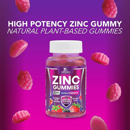 Zinc Gummies 50mg - Bone Skin & Immune Support Health Gummy & Premium Antioxidant Chewable for Adults - High Absorption Vegan, Gluten Free Zinc Supplements Vitamin - Tasty Berry Flavor - 120 Gummies