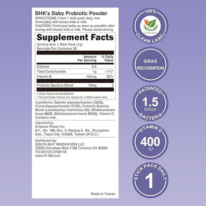 BHK's Baby Probiotic Powder,+ Vitamin D,Reduces Colic,Gas & Spit-ups,Healthy Poops,Reduces Crying & Fussing & Promotes Digestive Comfort,Newborns, Babies & Infants, 30 Sticks