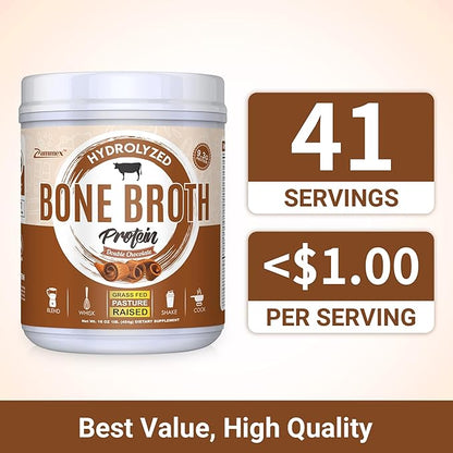 Zammex Bone Broth Protein Powder, Pure Grass Fed Beef, Chocolate Protein Powder,Hydrolyzed Collagen Supplement for Healthy Skin,Nails,Hair,Joints, Non-GMO,Gluten Free, Great in Shakes