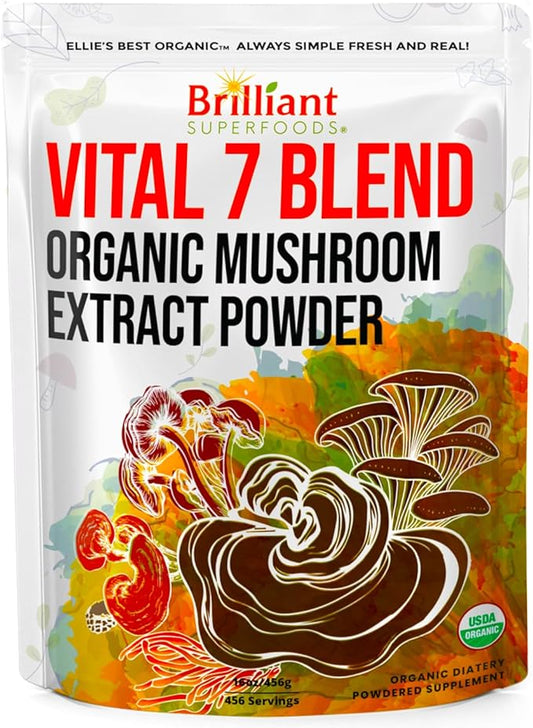 Ellie's Best 7 Mushroom Powder Extract Blend Supplement - Organic Reishi, Lion's Mane, Chaga, Turkey Tail, Cordyceps, Maitake & Shiitake - Double Extracted - 16oz / 456 Servings…