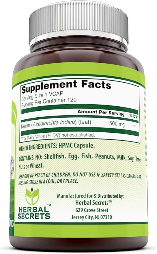 Herbal Secrets Neem Supplement (Non-GMO) Promotes Blood Purification, Promotes Healthy Immunity and Promotes Health Skin* (500mg Veggie Capsules, 120 Count (3 Pack))