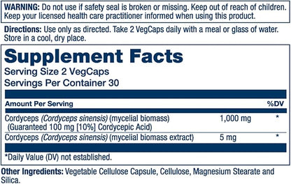 SOLARAY Fermented Cordyceps Mushroom 1000 mg - Healthy Energy Support - Fermented for Enhanced Absorption - Vegan, Non-GMO, Lab Verified - 30 Servings, 60 VegCaps