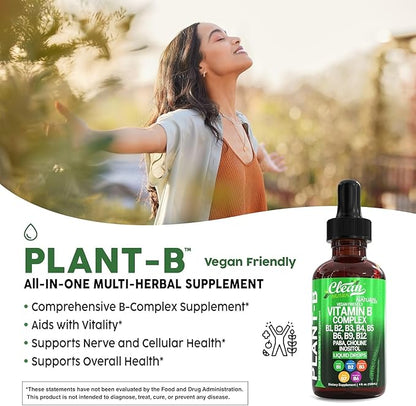 Vitamin B Complex Liquid Drops | Thiamine B1, B6, B2, B3, B4, B5, B7 B9, B12, Niacinamide, Paba, Choline Inositol Taurine Probiotics Beet Root Spirulina - Plant-B Vitamin Supplements - Clean Nutra (2)