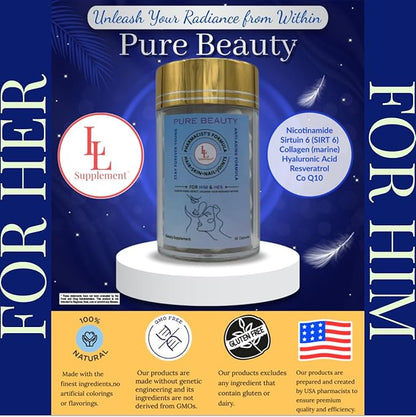 Pure Beauty by LL Supplement – Pharmacist-Formulated Anti-Aging Collagen, NR, Resveratrol, Hyaluronic Acid, CoQ10 – Glow, Hydrate, Renew from Within – 60 Capsules