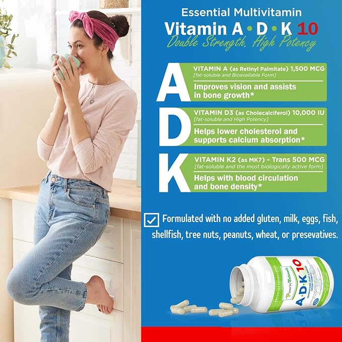 Power By Naturals ADK Vitamin Supplement – ADK 10 High Potency with Vitamins A, D3 10,000 IU & K2 MK7 for Superior Heart, Immune & Bone Health Support – 90 Capsules, 2 Pack (6-Month Supply)