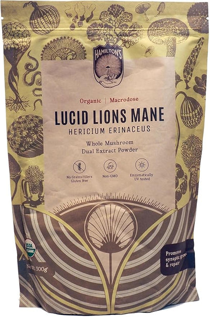 Hamilton’s Lucid Lion’s Mane | Organic Mushroom Extract Powder for Synapse Repair, Nerve Growth Factor, Focus, Memory, and Concentration | High Potency | 30% Beta Glucans | GF, Non-GMO, Vegan (500g)