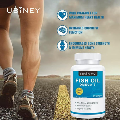 Omega 3 Fish Oil 2000mg Softgels, 120 Count - High Potency EPA 360mg + DHA 240mg, Burpless Fish Oil Supplement for Heart, Brain & Joint Health, Non-GMO, Molecularly Distilled, Vitamin E