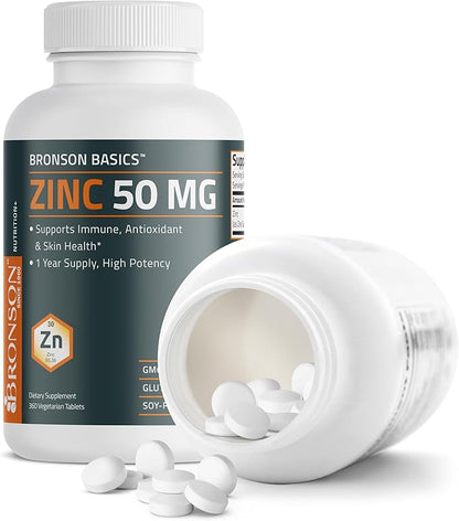 Bronson Zinc 50 MG High Potency One Year Supply Supports Immune, Antioxidant & Skin Health - Non-GMO, 360 Vegetarian Tablets