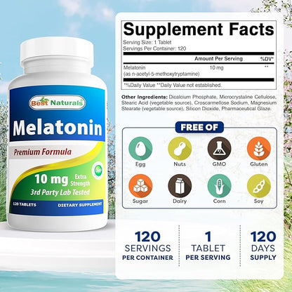 Best Naturals Melatonin 10mg (Non-GMO) Tablets - Helps Promote Relaxation & Sleep - 120 Count