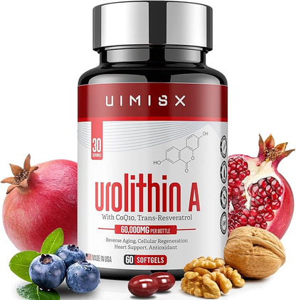 Urolithin A Pro Supplement 1000mg, 60 Softgels Super Antioxidants with Resveratrol & CoQ10 for Energy Production and Healthy Aging- Mitoceutical for Muscle Strength and Skin Care