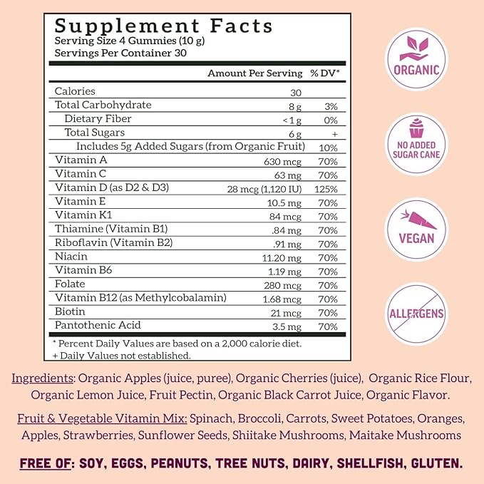 Llama Naturals Multivitamin for Women, Vegan, Organic Gummies with Vitamin D, C and K, Women's Real Fruit Gummy Vitamins, Chewable Multivitamin Supplement, No Added Sugar Cane, Cherry, 120 Ct
