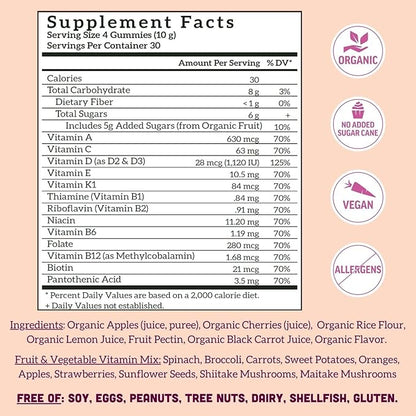 Llama Naturals Multivitamin for Women, Vegan, Organic Gummies with Vitamin D, C and K, Women's Real Fruit Gummy Vitamins, Chewable Multivitamin Supplement, No Added Sugar Cane, Cherry, 120 Ct