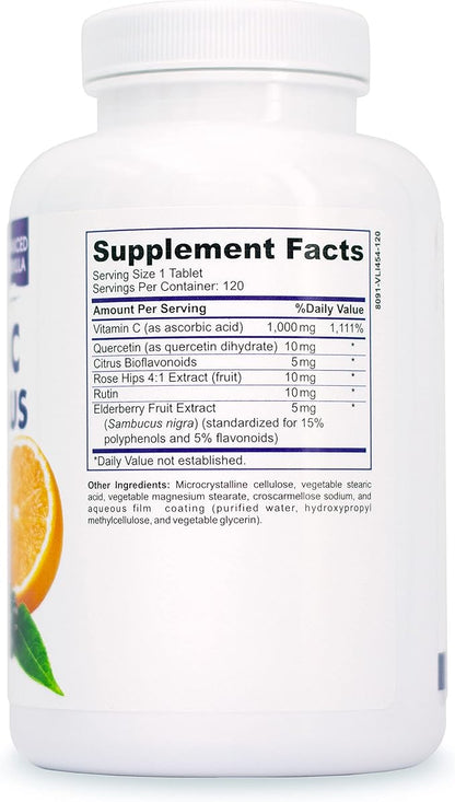 Immunity Vitamin C 1000mg with Elderberry, Quercetin, Bioflavonoids, Rose Hips, Rutin - 4 Months Supply, 120 Tablets - Immune System Support