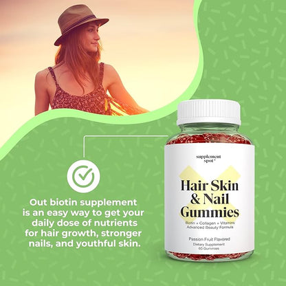 Hair Skin and Nails Vitamins, 6000 mcg Biotin Gummies w/Collagen, Passion Fruit Flavored Hair Vitamins, Gluten Free Collagen Supplements (60 Count)