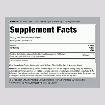 Piping Rock Odorless Garlic Softgels 2400mg | 250 Pills | High Potency Extract | Herbal Supplement | Non-GMO, Gluten Free